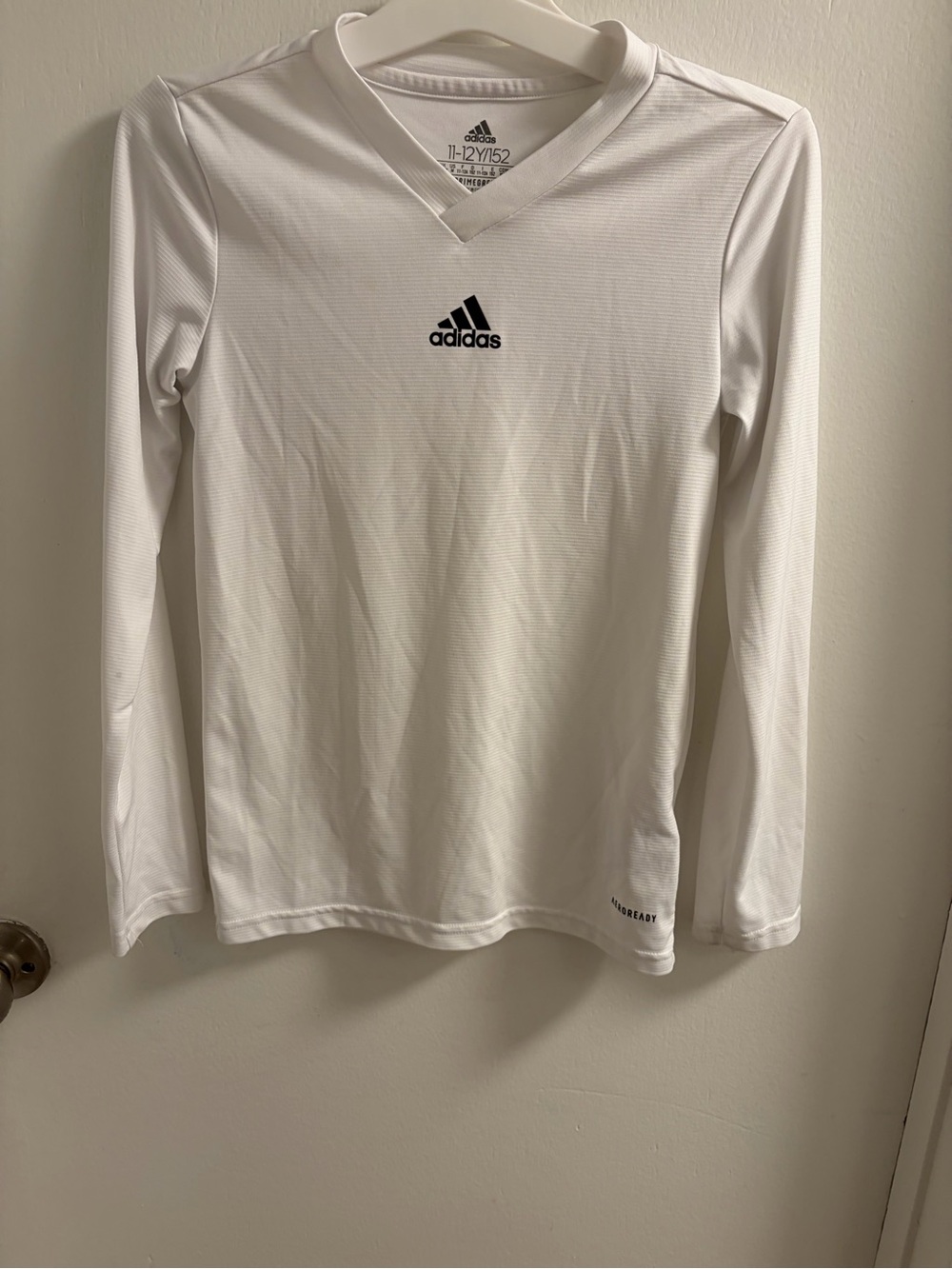 Adidas Youth White Aeroready V-Neck Long Sleeve Athletic Shirt Size L (11-12Y)